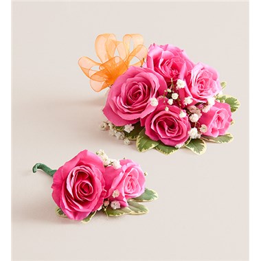 Hot Pink Spray Corsage & Bout-Orange Bow